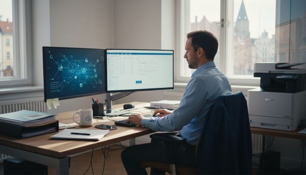 Claims officer working at desk with monitors