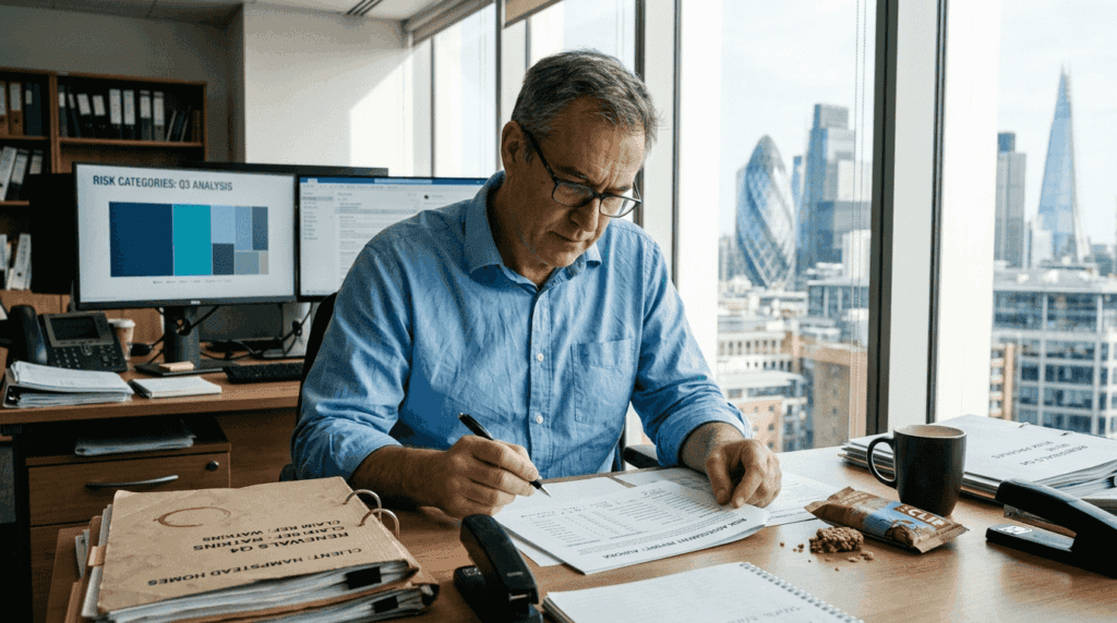 Insurance underwriter reviewing risk assessment report