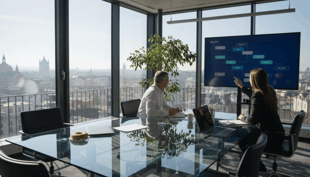 Insurance team planning with visible workflow chart