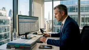 Broker working in digital insurance marketplace office