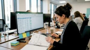 Insurance billing analyst at cluttered desk