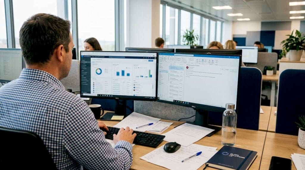 Insurance agent using CRM at busy office desk