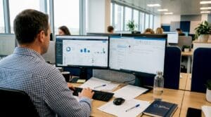 Insurance agent using CRM at busy office desk