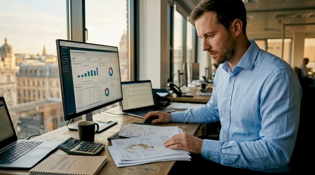 Insurance billing analyst reviewing invoices at desk