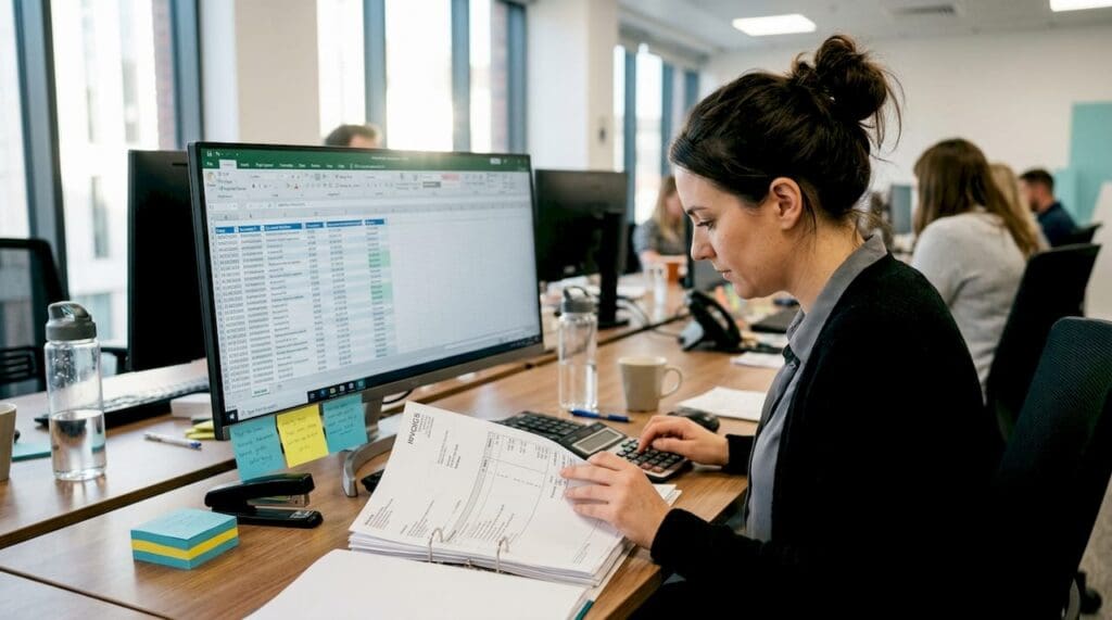 Insurance billing analyst at cluttered desk