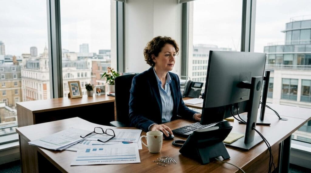 Insurance manager reviewing CRM workflow in office