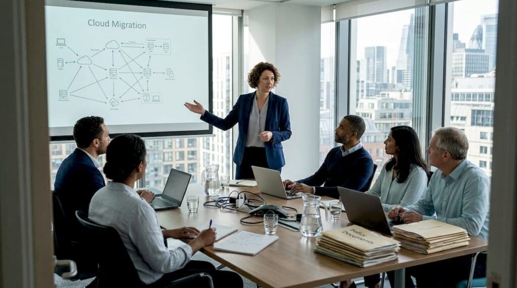 Insurance IT manager leads cloud adoption meeting