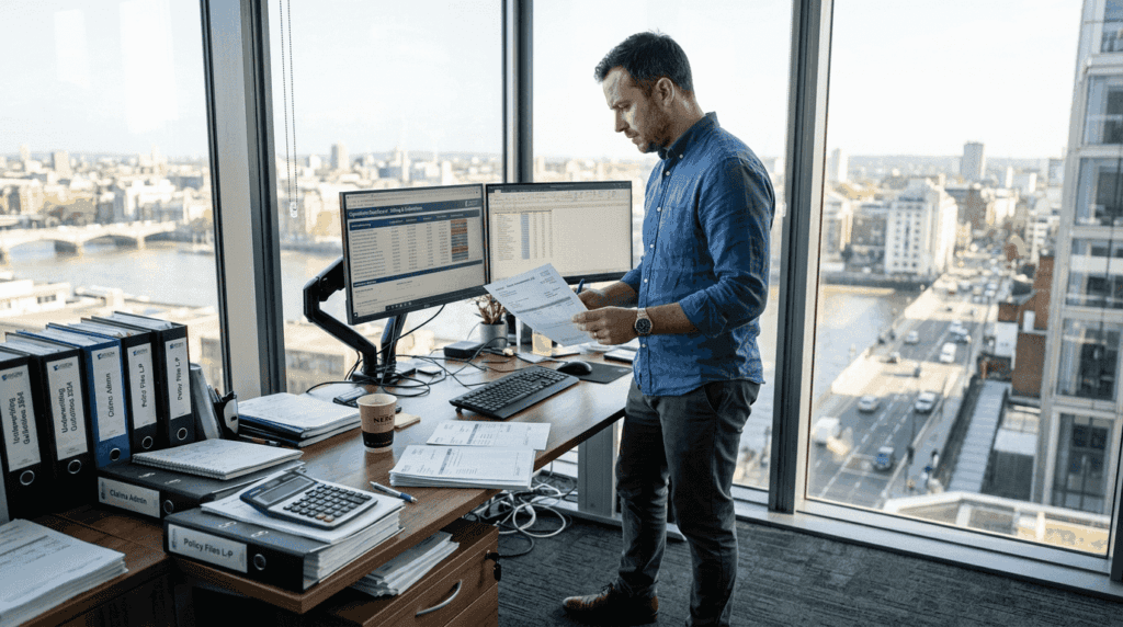 Manager reviewing automated billing in office