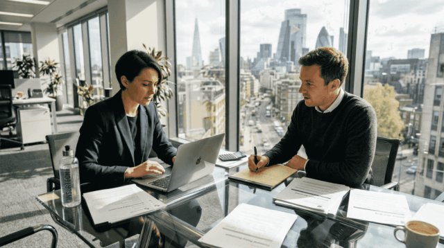 Insurance underwriters meeting in corner office