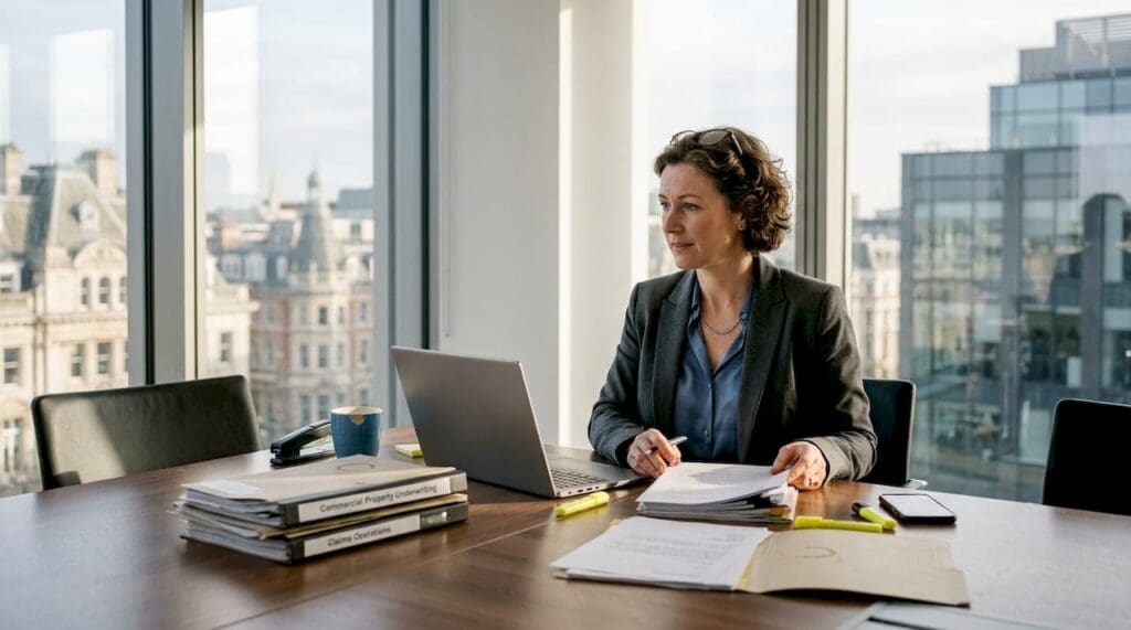 Insurance manager reviewing paperwork in office