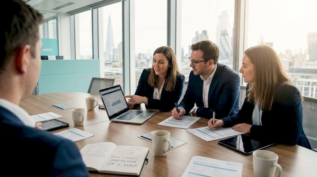 Insurance professionals collaborating at office table