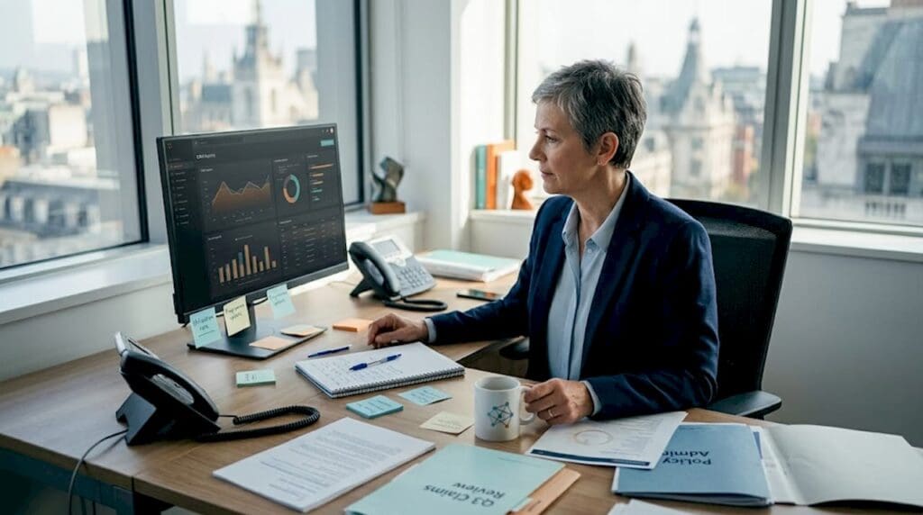 Insurance executive reviewing CRM dashboard in office