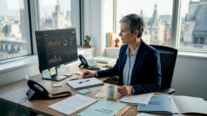 Insurance executive reviewing CRM dashboard in office