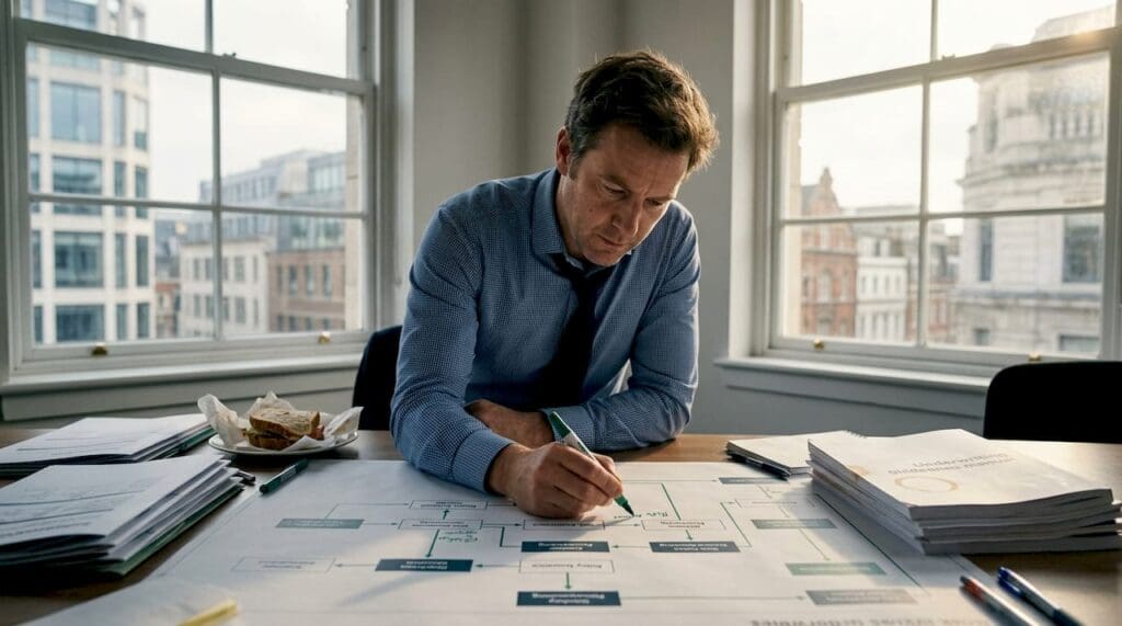 Underwriter mapping process on office table