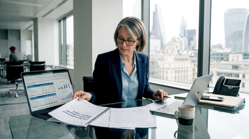 Insurance executive reviewing reports in bright office
