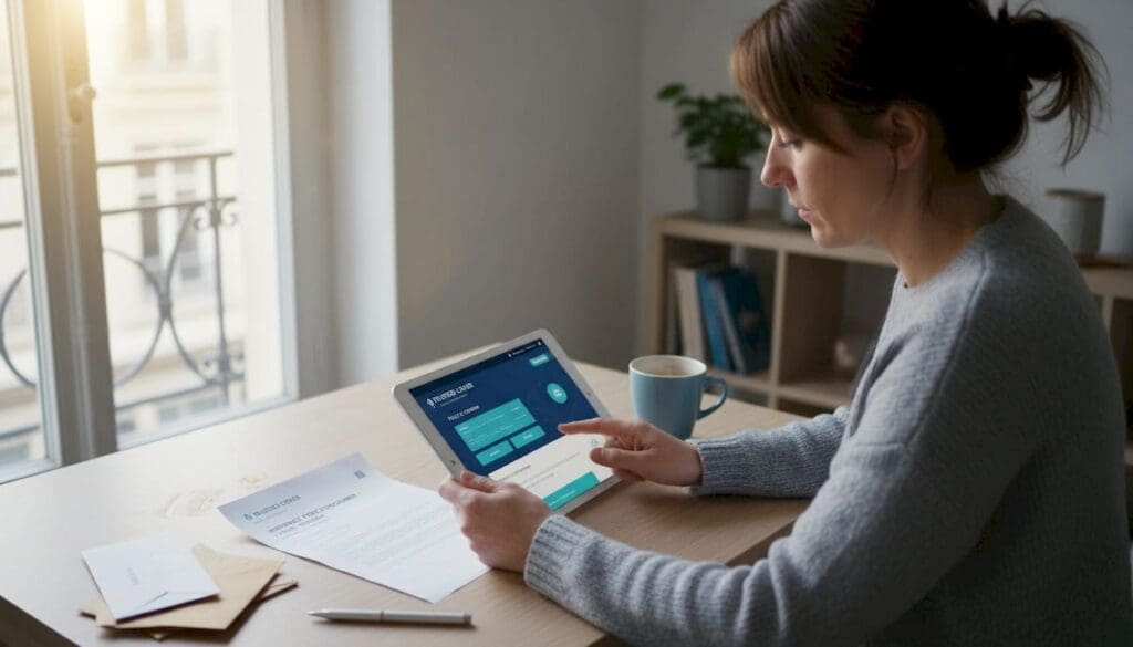 Woman using insurance portal at kitchen table