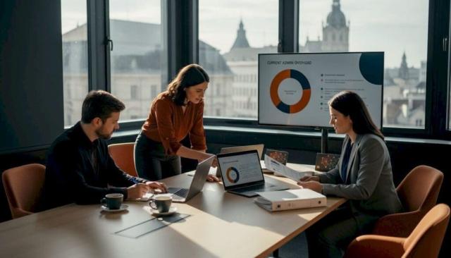 Insurance team discussing workflow charts in office