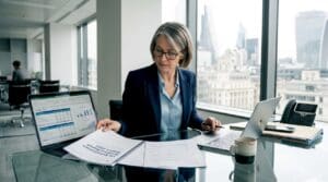 Insurance executive reviewing reports in bright office