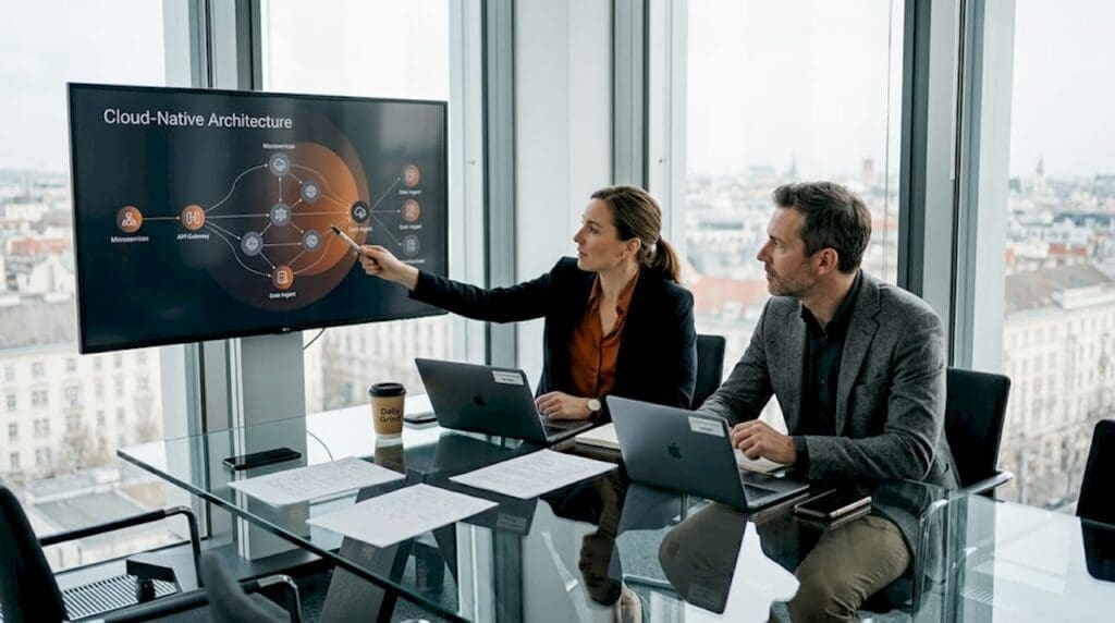 Insurance team reviewing cloud-native platform diagram