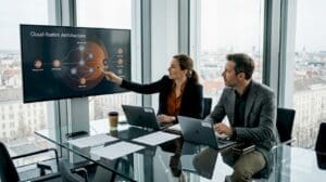 Insurance team reviewing cloud-native platform diagram