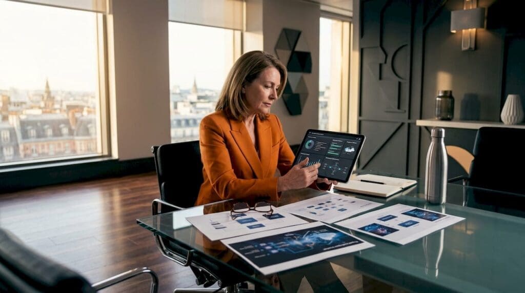 Insurance executive reviewing cloud migration reports
