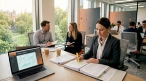 Compliance officer leading insurance team meeting
