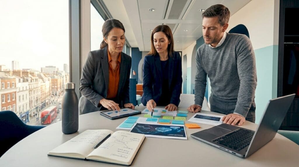 Insurance team discussing digital billing reports