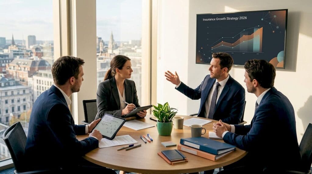 Insurance team collaborating in modern office