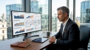 Insurance executive reviewing cloud platform dashboard