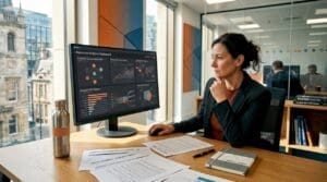 Insurance analyst reviewing data on monitor