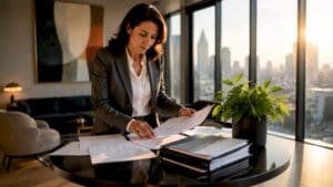 Insurance executive reviewing IT strategy papers