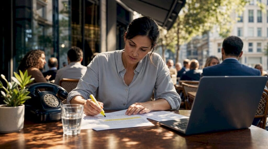 Insurance analyst reviewing paper claims at desk