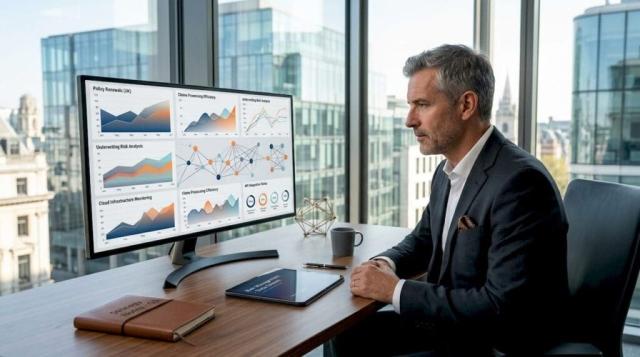 Insurance executive reviewing cloud platform dashboard