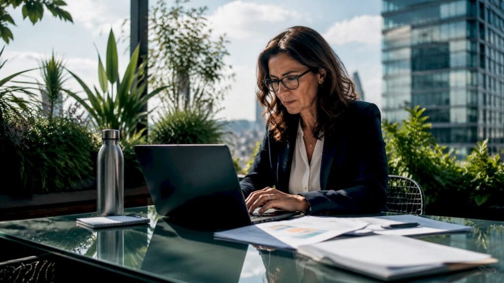 Woman configuring flexible insurance system