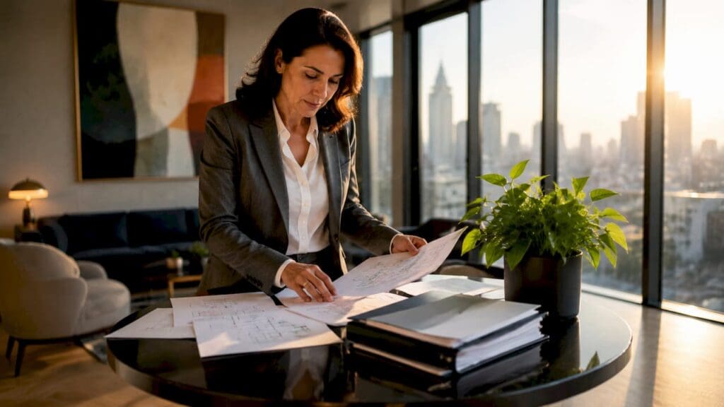Insurance executive reviewing IT strategy papers