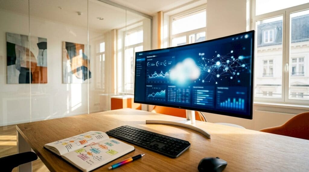 Close-up of insurance CRM tech dashboard on desk
