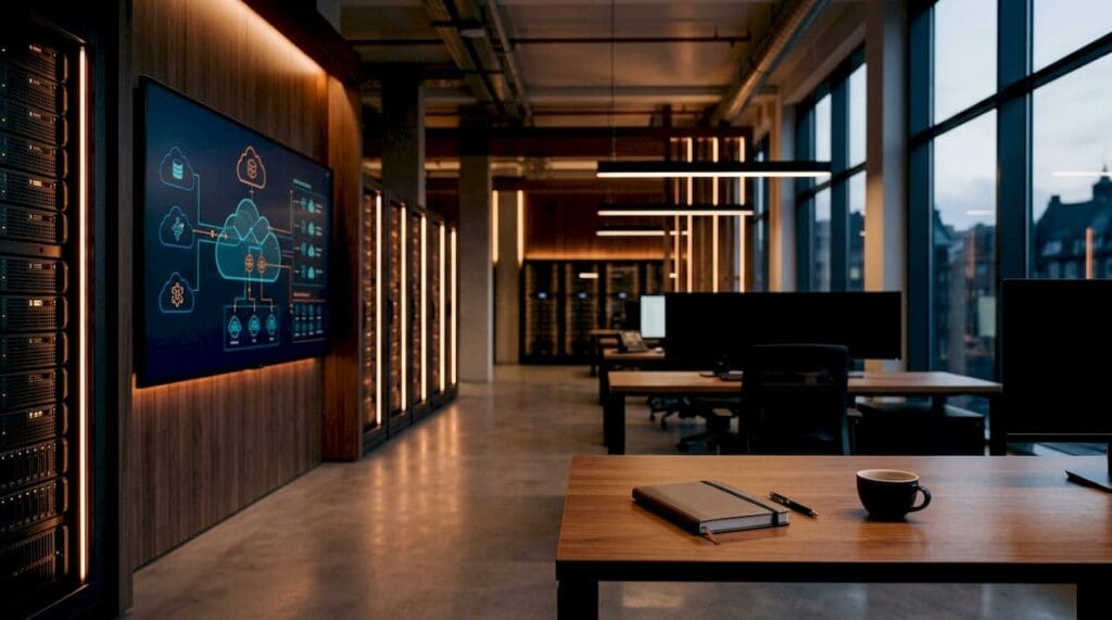 Modern insurance tech data center interior