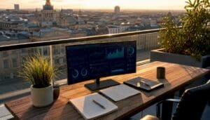 Curved monitor showing financial dashboard and desk setup