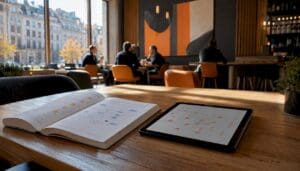 Modern enterprise office with data flow diagrams