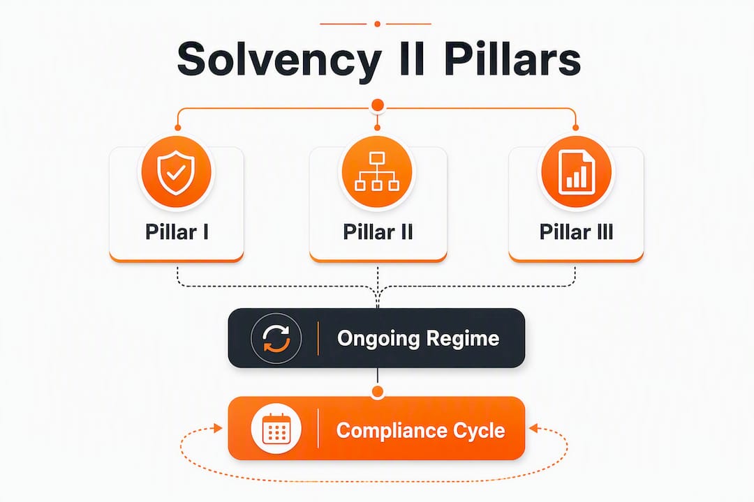 Infographic showing Solvency II compliance pillars and steps
