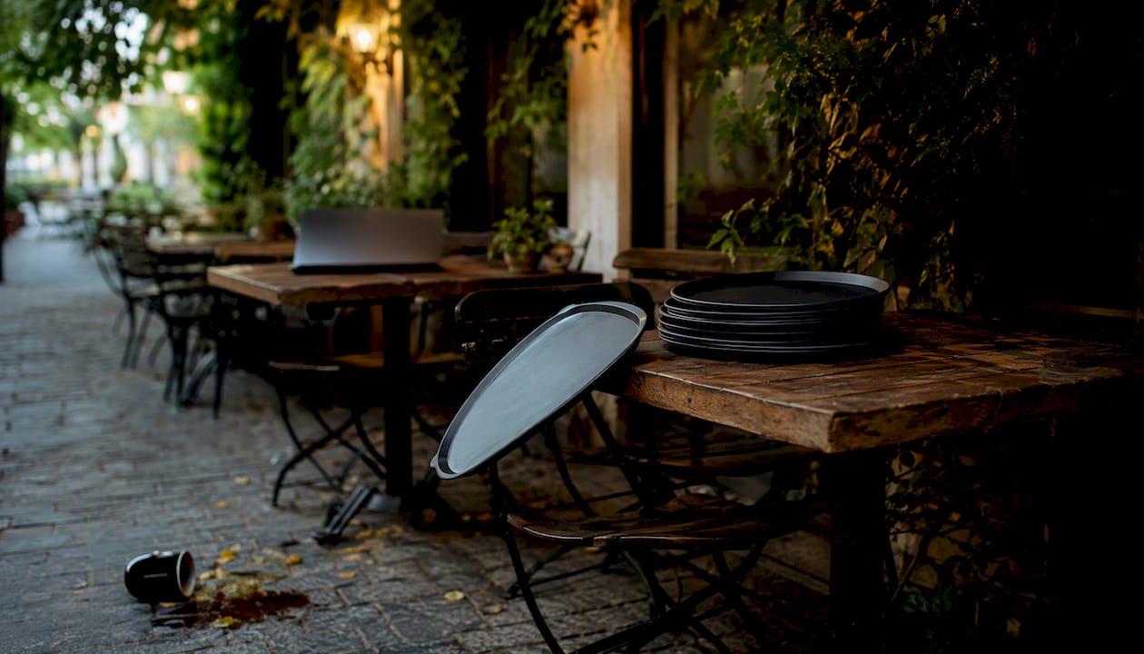 Spilled tray and cup at cafe counter