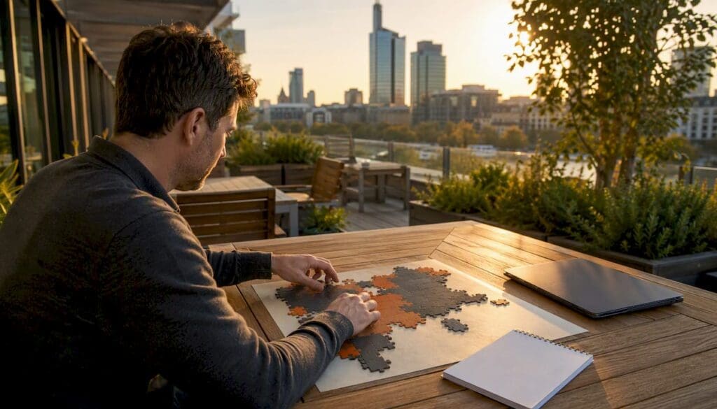 Hands assembling Central Europe puzzle map