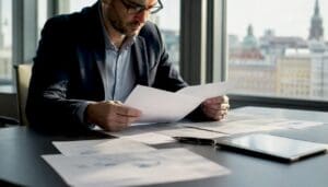 Hands analyzing underwriting risk data on desk